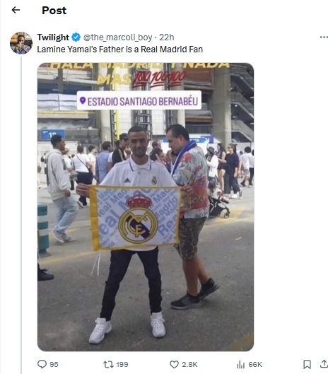 Beredar foto sosok yang diduga ayah Lamine Yamal mendukung Real Madrid. (Foto: X/the_marcoli_boy)